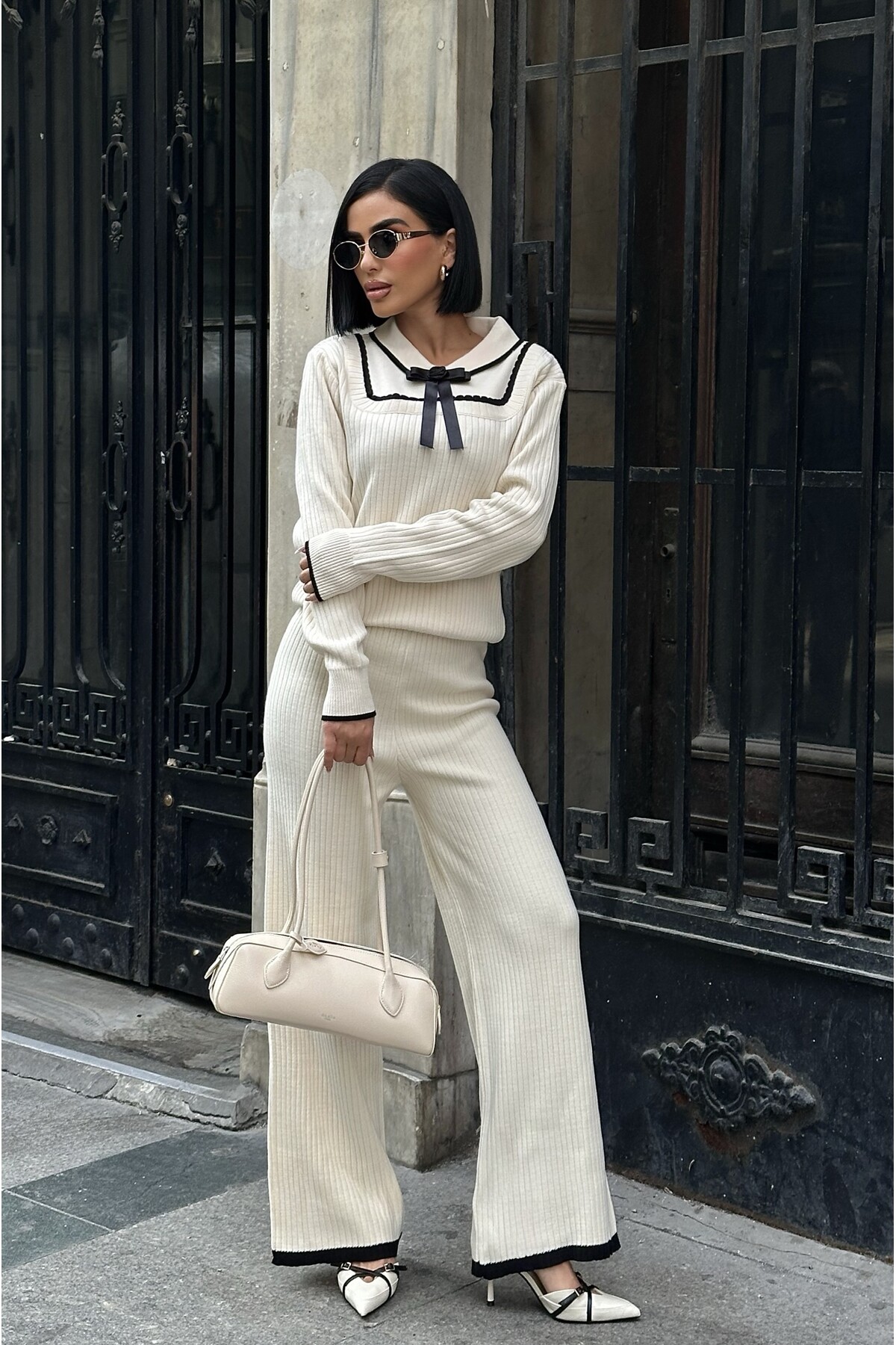 Shirt Collar Bow Detailed Bottom Top Knitwear Set