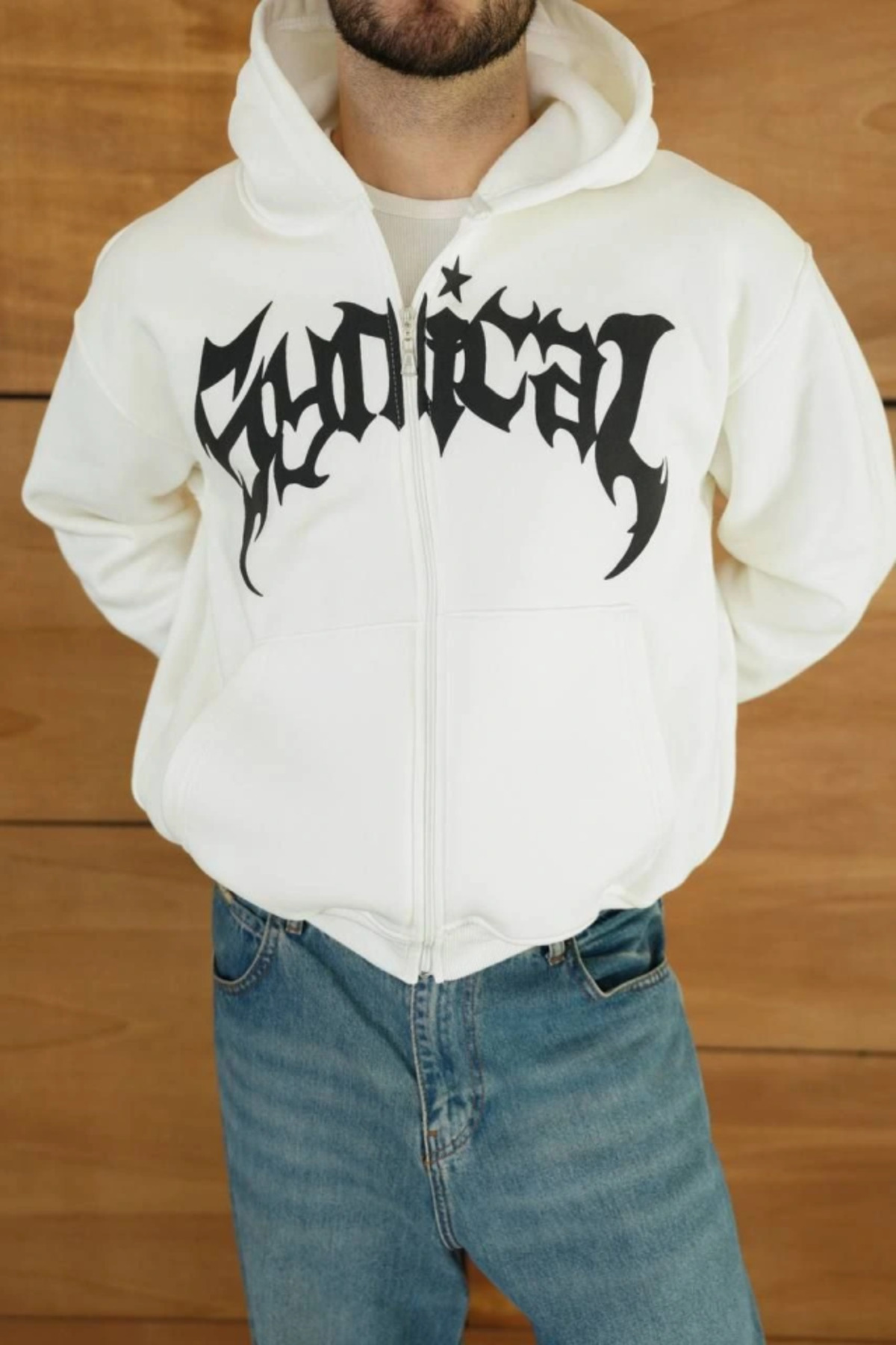 Erkek Kapüşonlu Sweatshirt Hoodie 3 İplik Şardonlu Pamuklu Kumaş, Önü Baskılı, Fermuarl