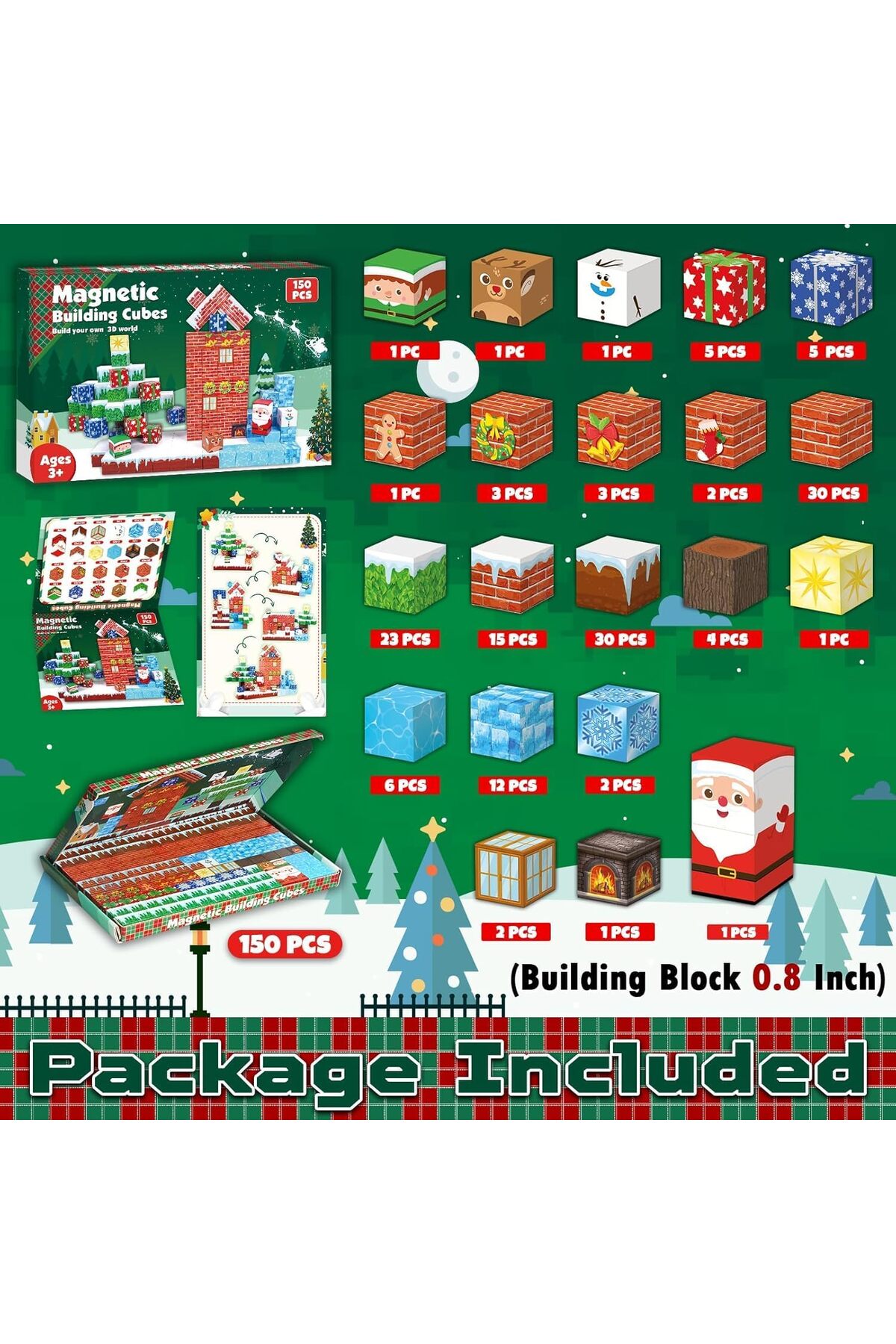 بلوکهای مغناطیسی ساختنی ۱۵۰ تکه، مکعبهای مغناطیسی STEM کریسمس برای کودکان بالای ۳ سال