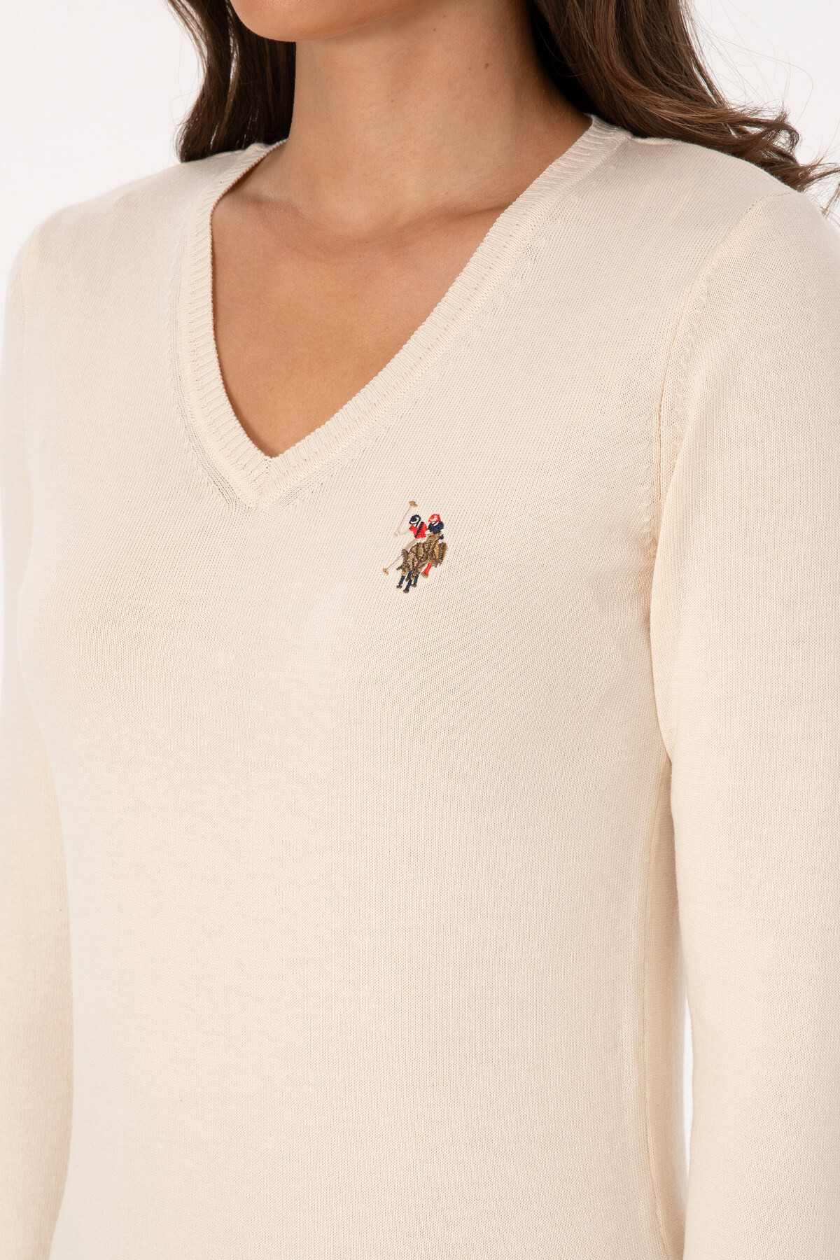 U.S. Polo Assn.  Kadın Krem V Yaka Basic Kazak 50307727-VR256 - Görsel 7