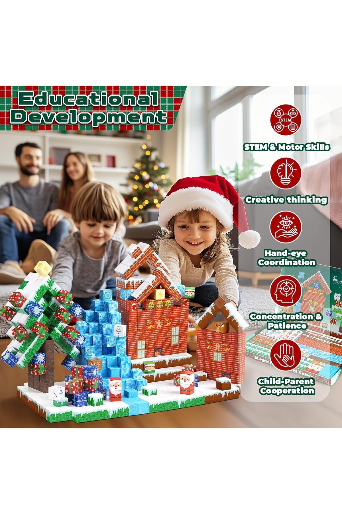 بلوکهای مغناطیسی ساختنی ۱۵۰ تکه، مکعبهای مغناطیسی STEM کریسمس برای کودکان بالای ۳ سال