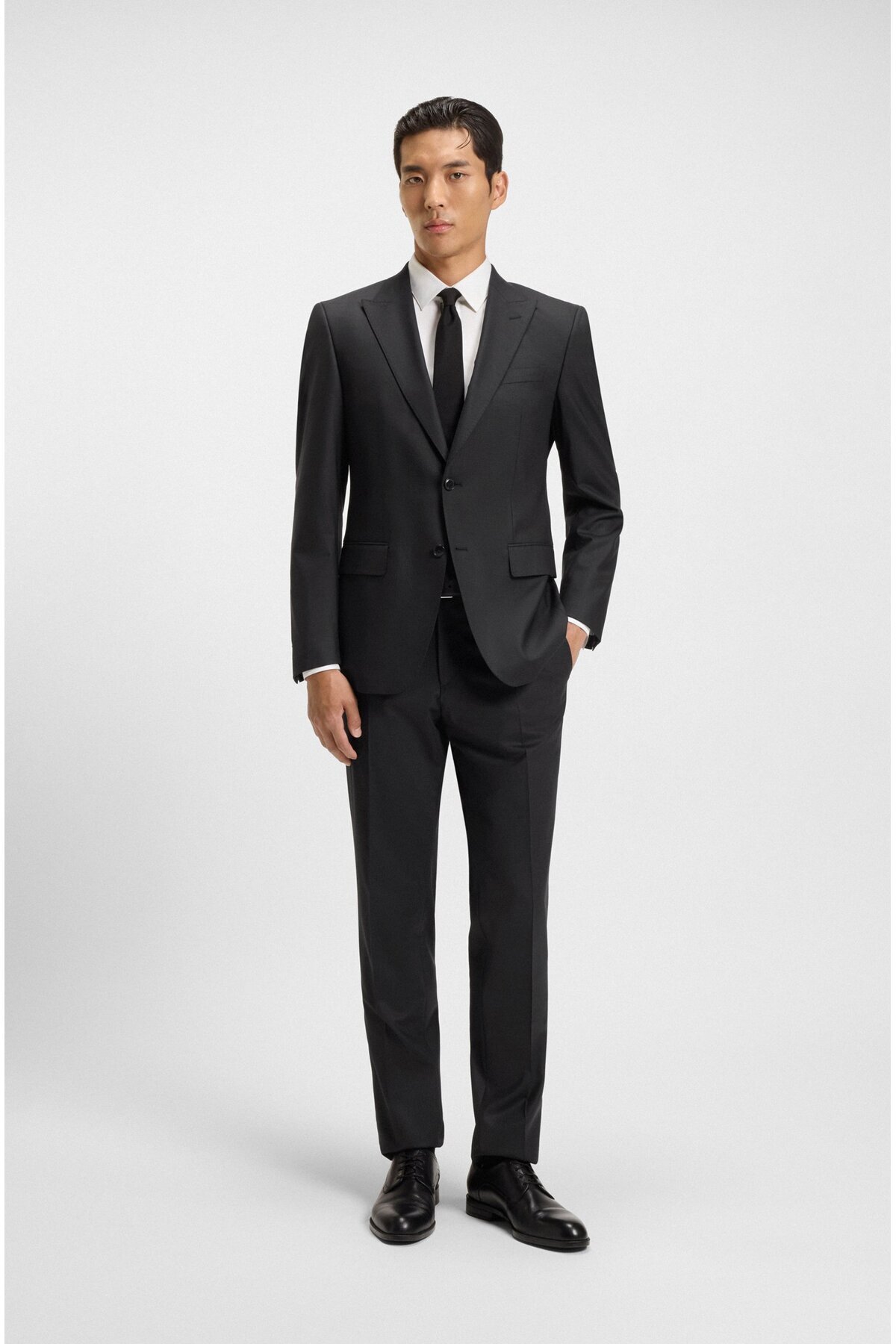 باس کت و شلوار مردانه آستین بلند یقه برگردان، کمر معمولی، پارچه نرم و ساده، دکمه‌دار، مشکی، کد ۵۰۵۵۱۷۶۳-۰