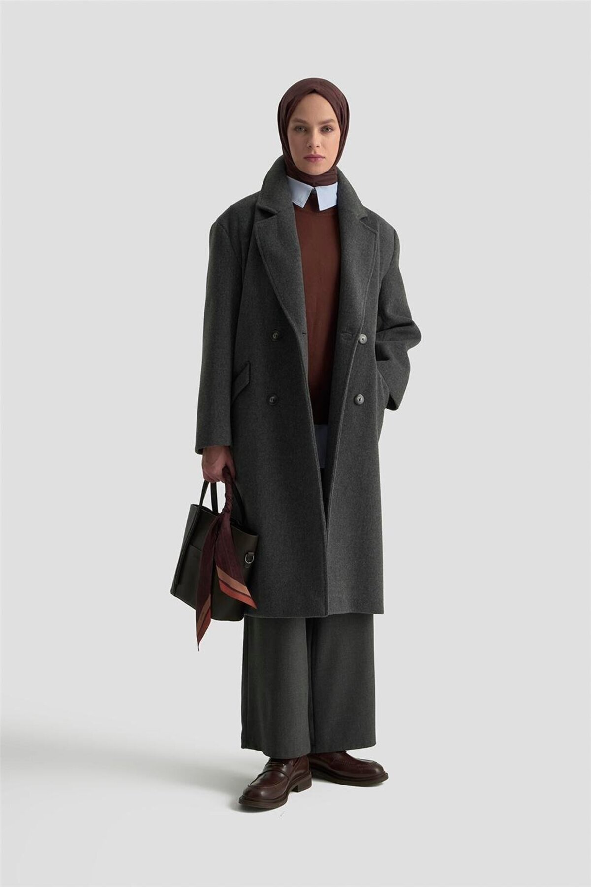 Armine Kruvaze Yaka Kaşe Kaban 25KD1122 Antrasit