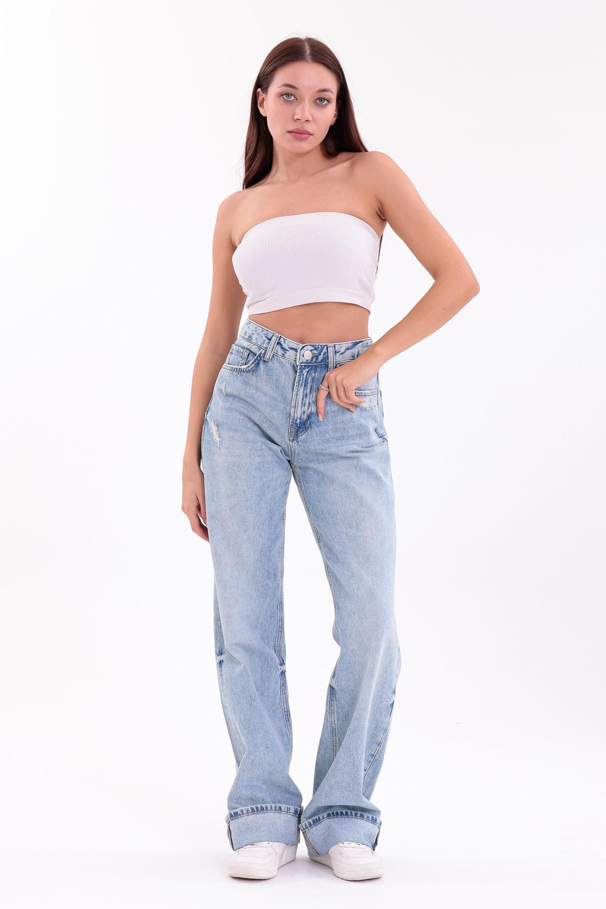 Darkly Jeans Kadın Açık Mavi Yüksek Bel Straight Fit Wide Leg Pantolon görsel 3
