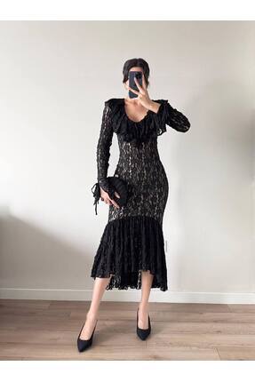 LOCH BUTİK Kadın Siyah Yaka Ve Etek Fırfırlı Dantel Elbise
