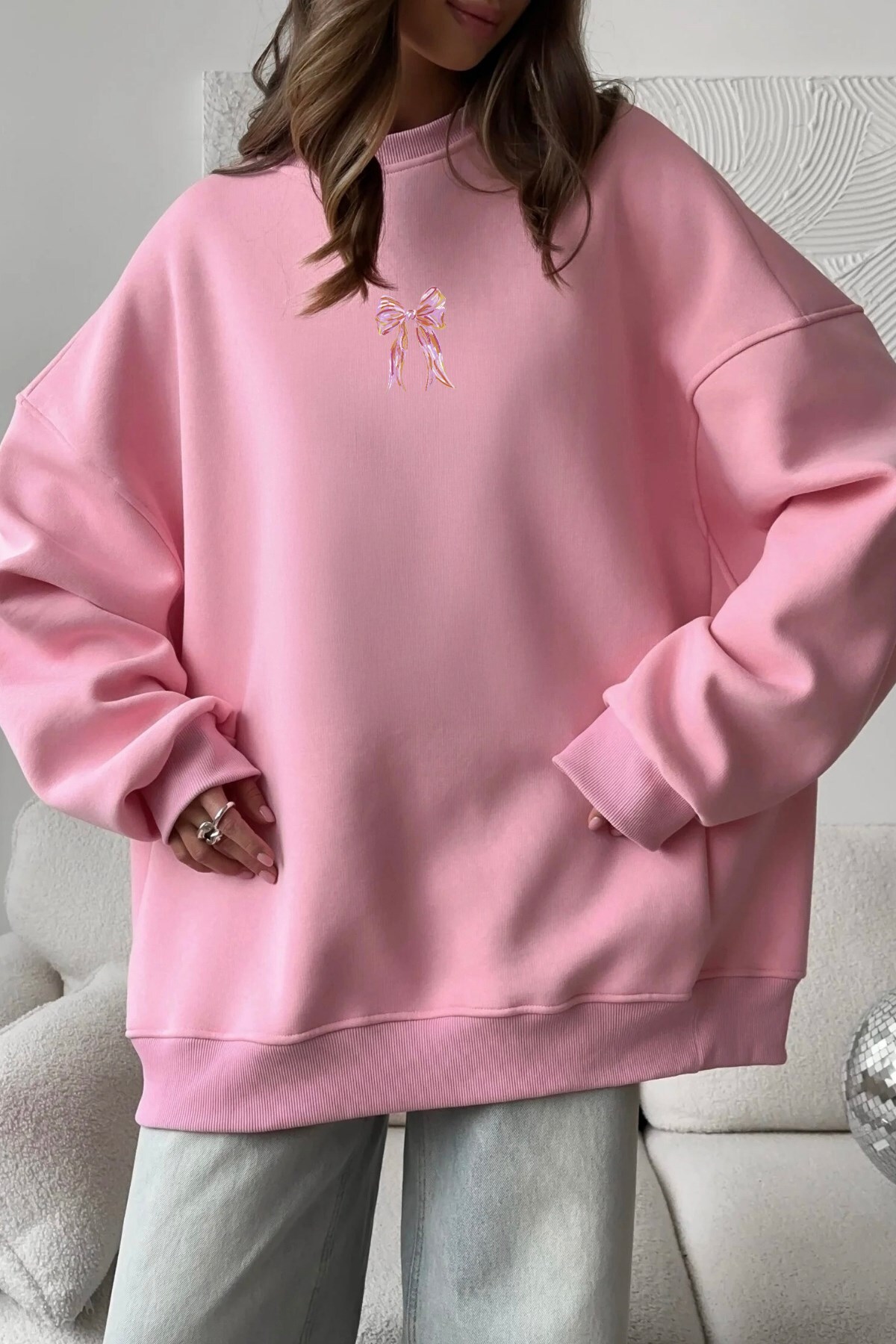 The Champ Clothing  Kadın Oversize Sweat Elbise Pembe Kurdele Baskılı Pembe – Bisiklet Yaka, 3 İplik Şardonlu Polar - Görsel 3