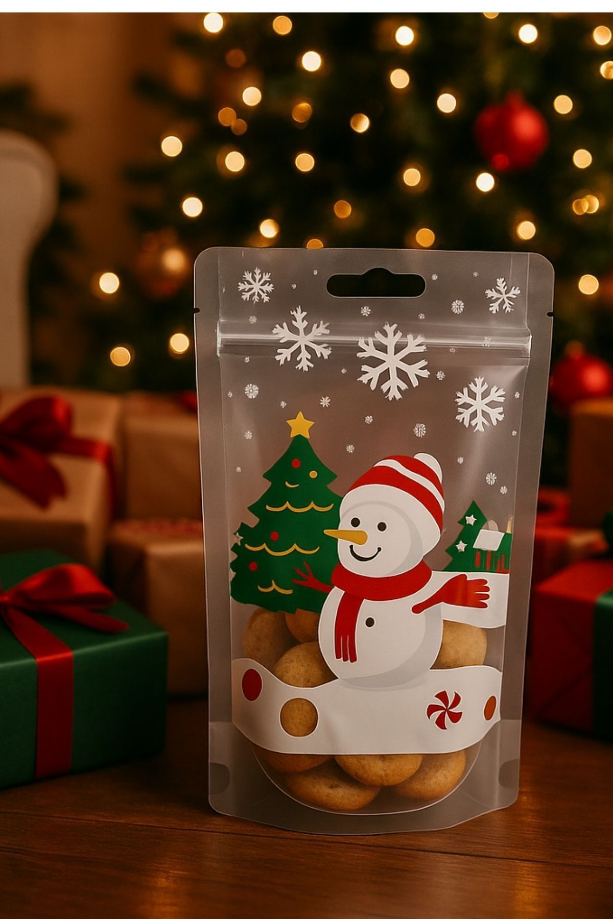 Dekals 10 Adet Kardan Adam Kurabiye Şeker Çikolata Poşeti Tekrar Kullanılabilir Dipli Hediye Poşeti