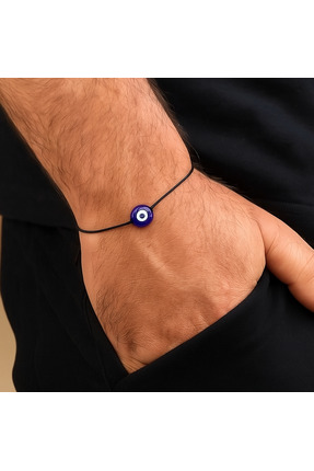 Femenino Lacivert Cam Nazar Boncuklu Siyah İpli Şans Bileklik