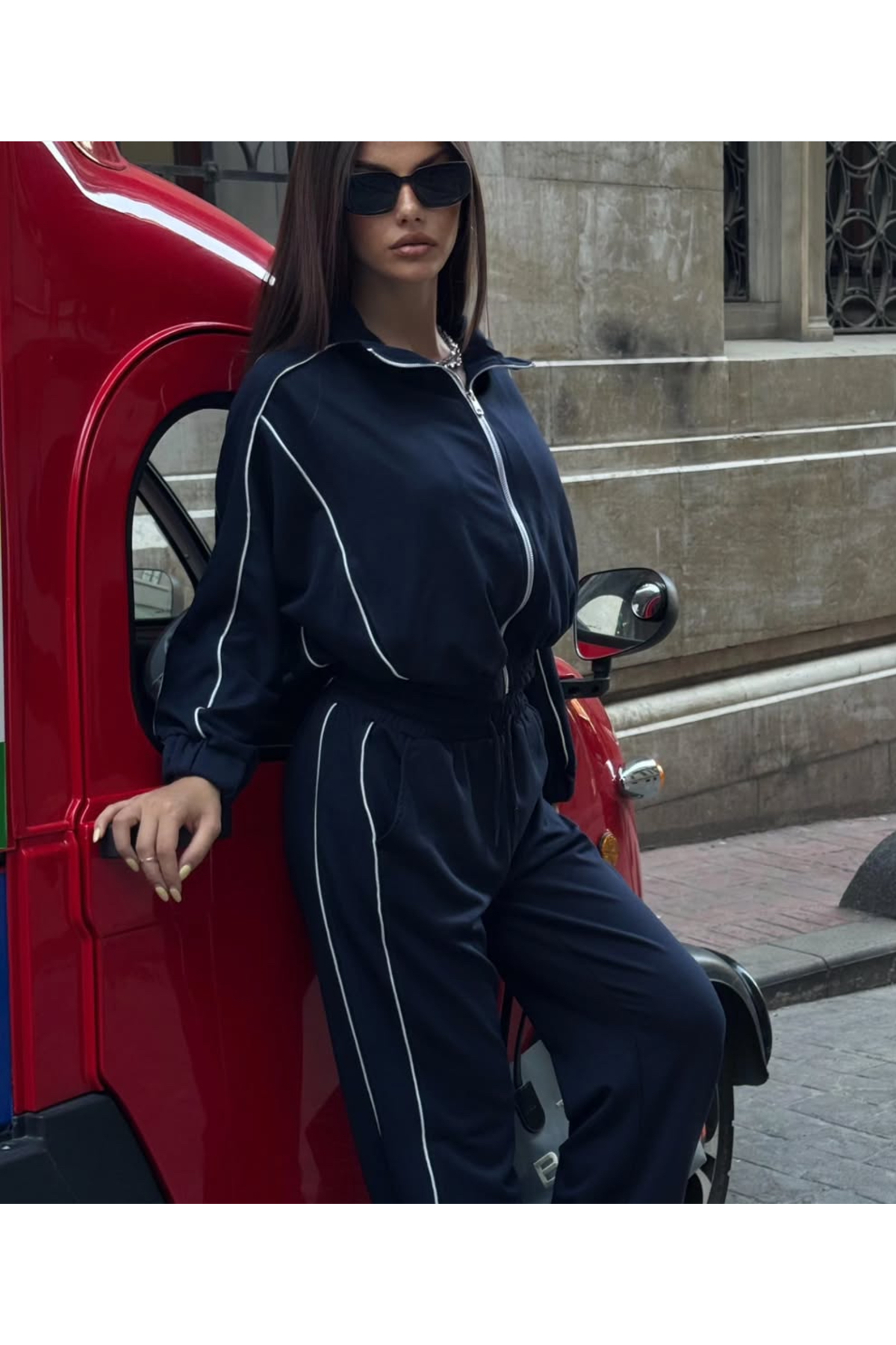 coast moda Kadın Şeritli Modal Muadil Beli Lastikli Fermuarlı Sweatshirt