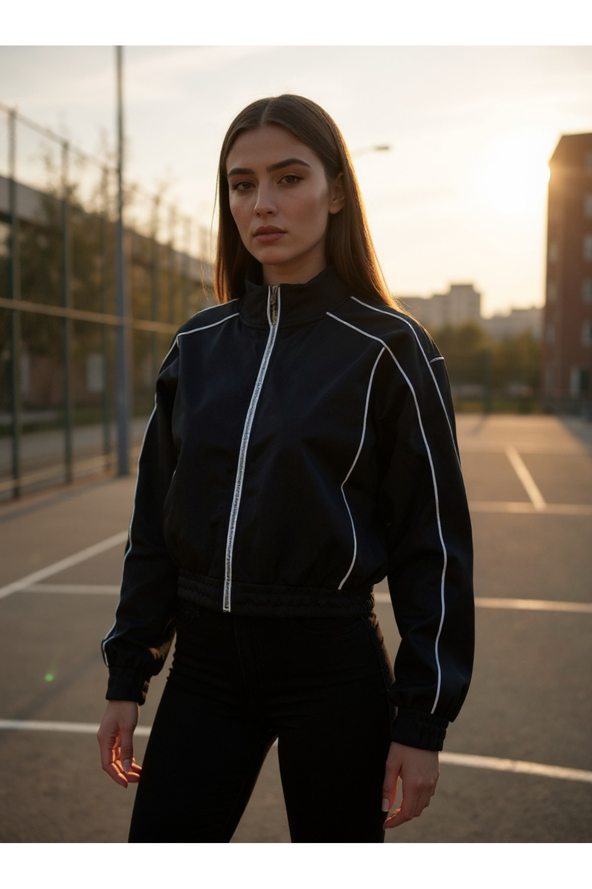 coast moda Kadın Şeritli Modal Muadil Beli Lastikli Fermuarlı Sweatshirt görsel 4