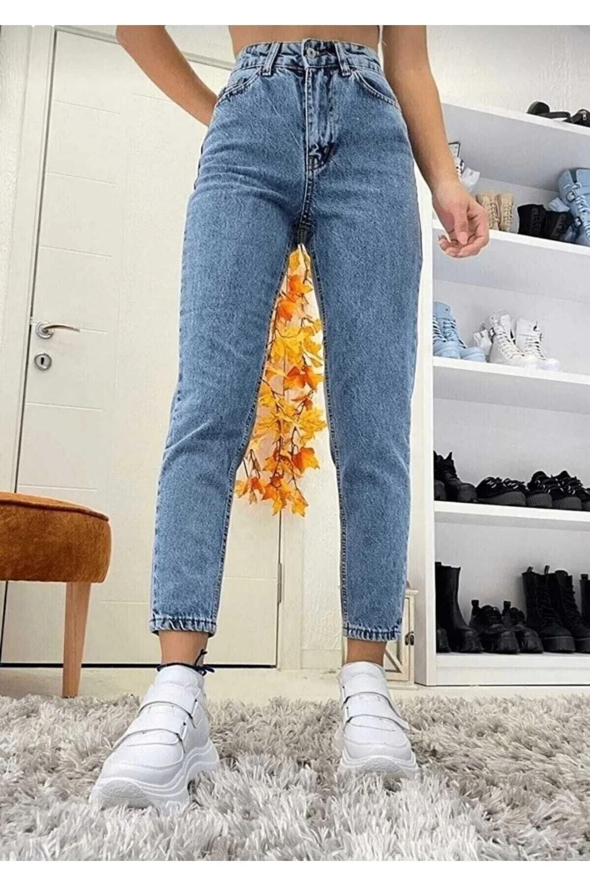 kleshus Çnr Pantaloni de damă cu talie înaltă Mom Jeans Lycra, din denim elas...