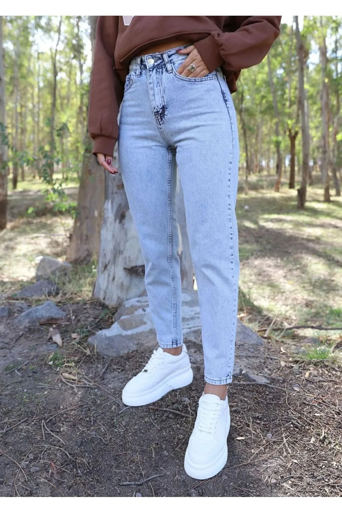 kleshus Çnr Γυναικείο ψηλόμεσο τζιν παντελόνι Mom Jeans Lycra ελαστικό τζιν π...