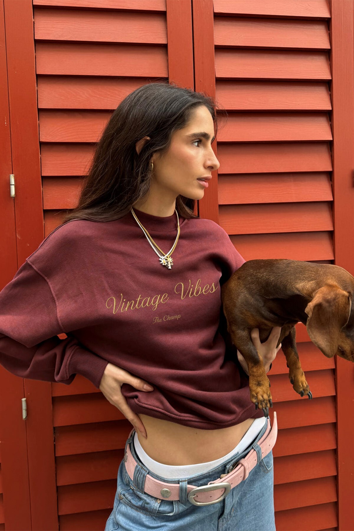 The Champ Clothing Kadın Oversize Sweatshirt Vintage Vibes Baskılı Bordo, Bisiklet Yaka, 3 İplik Şardonlu görsel 5