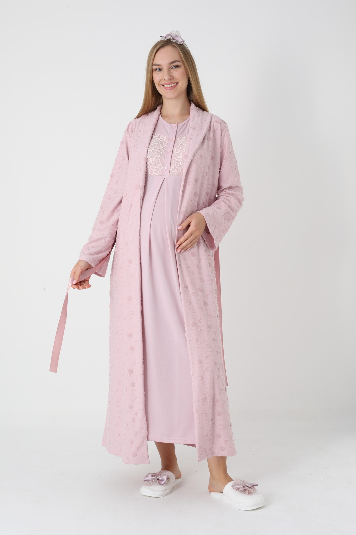 ERDENİZ TEKSTİL Kalın Sabahlıklı,Uzun Kollu,Düğme Yakalı Lohusa-Hamile Gecelik 2'li Takım