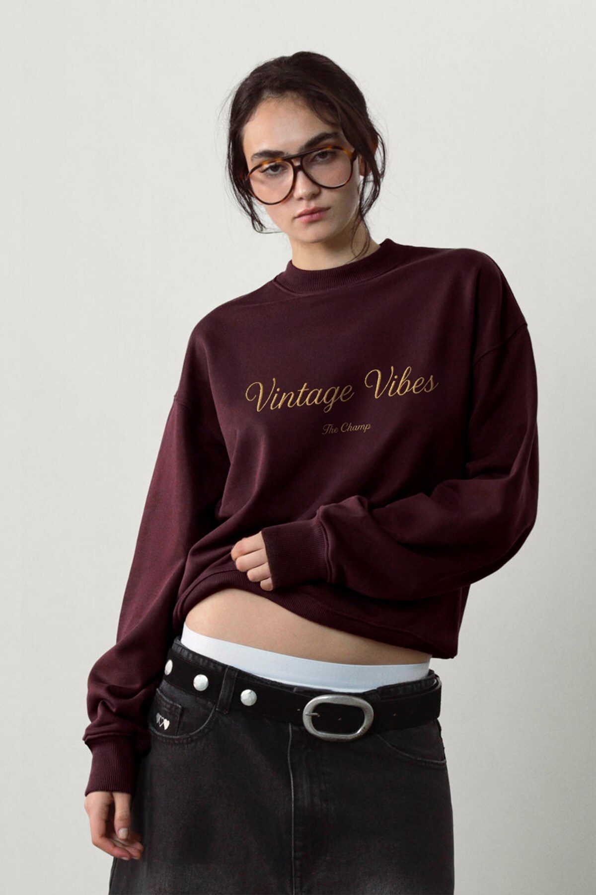 The Champ Clothing Kadın Oversize Sweatshirt Vintage Vibes Baskılı Bordo, Bisiklet Yaka, 3 İplik Şardonlu