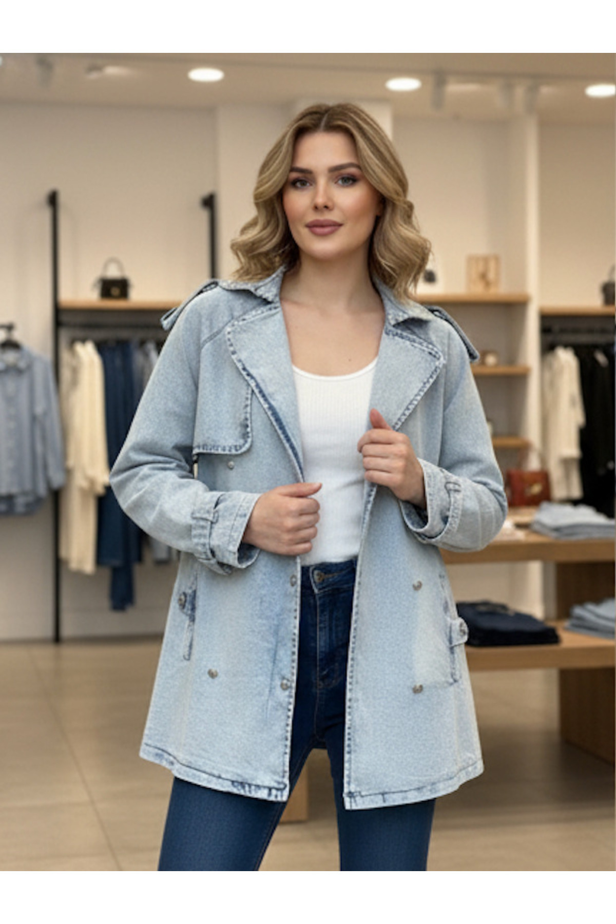 TUBA EXPORT Kadın Tesettür Kot Yelek, Detaylı Düğmeli Uzun Denim Kap, Rahat ve Şık Günlük Moda