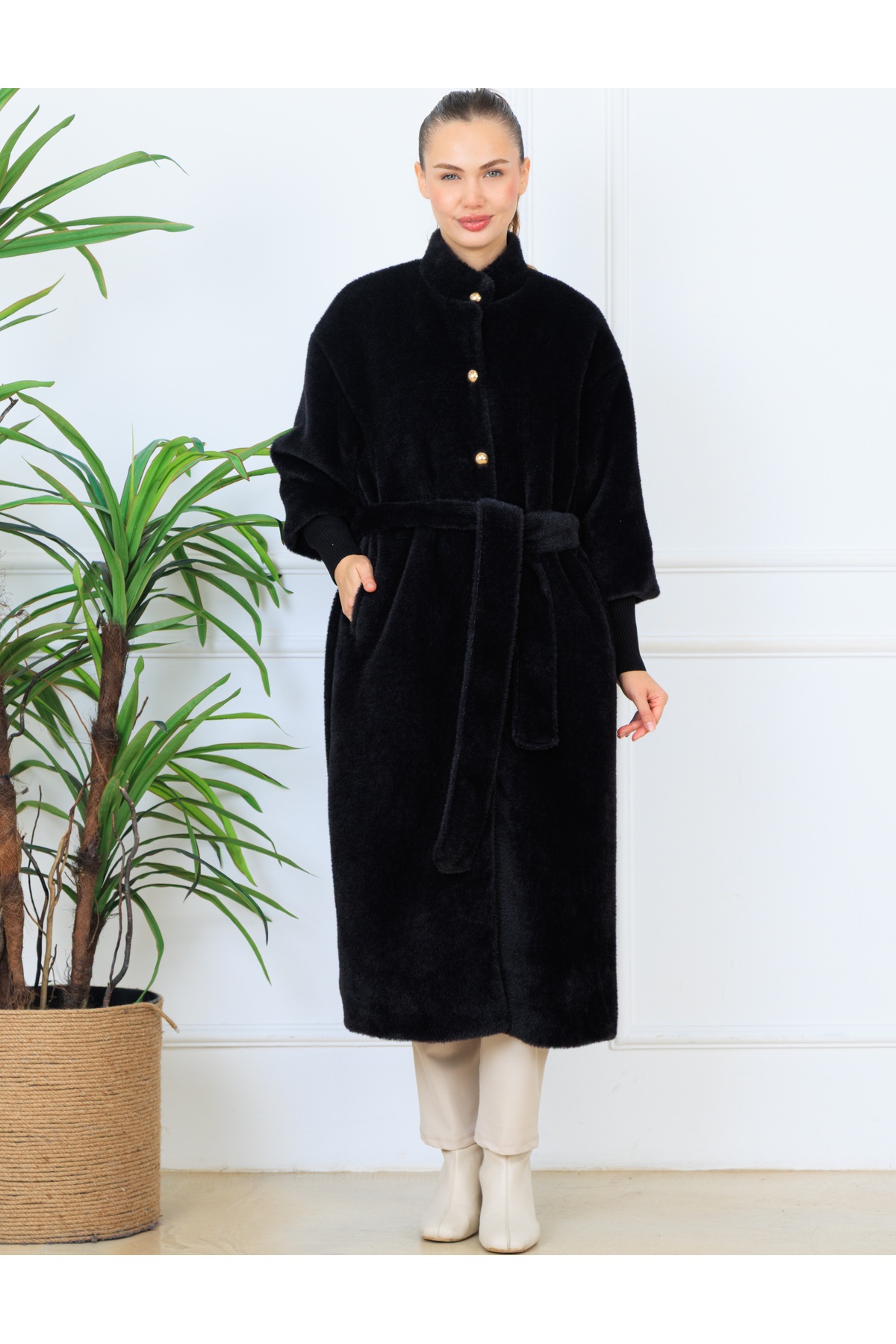 Elony Fashion  Kadın Gizli Çıtçıtlı Süs Düğmeli Kolları Kaşkorseli Kuşaklı Kaban - Görsel 4