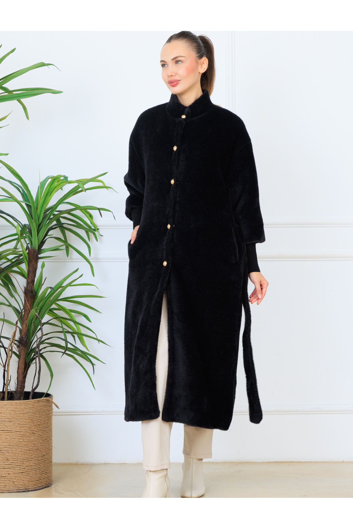 Elony Fashion  Kadın Gizli Çıtçıtlı Süs Düğmeli Kolları Kaşkorseli Kuşaklı Kaban - Görsel 2