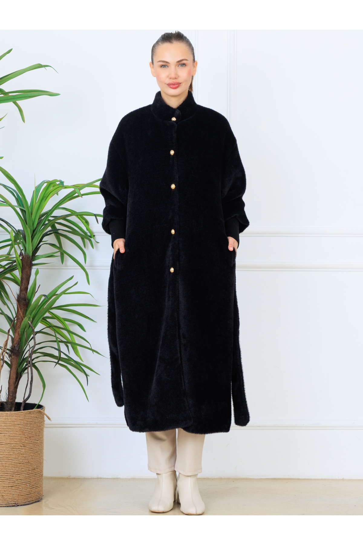 Elony Fashion  Kadın Gizli Çıtçıtlı Süs Düğmeli Kolları Kaşkorseli Kuşaklı Kaban