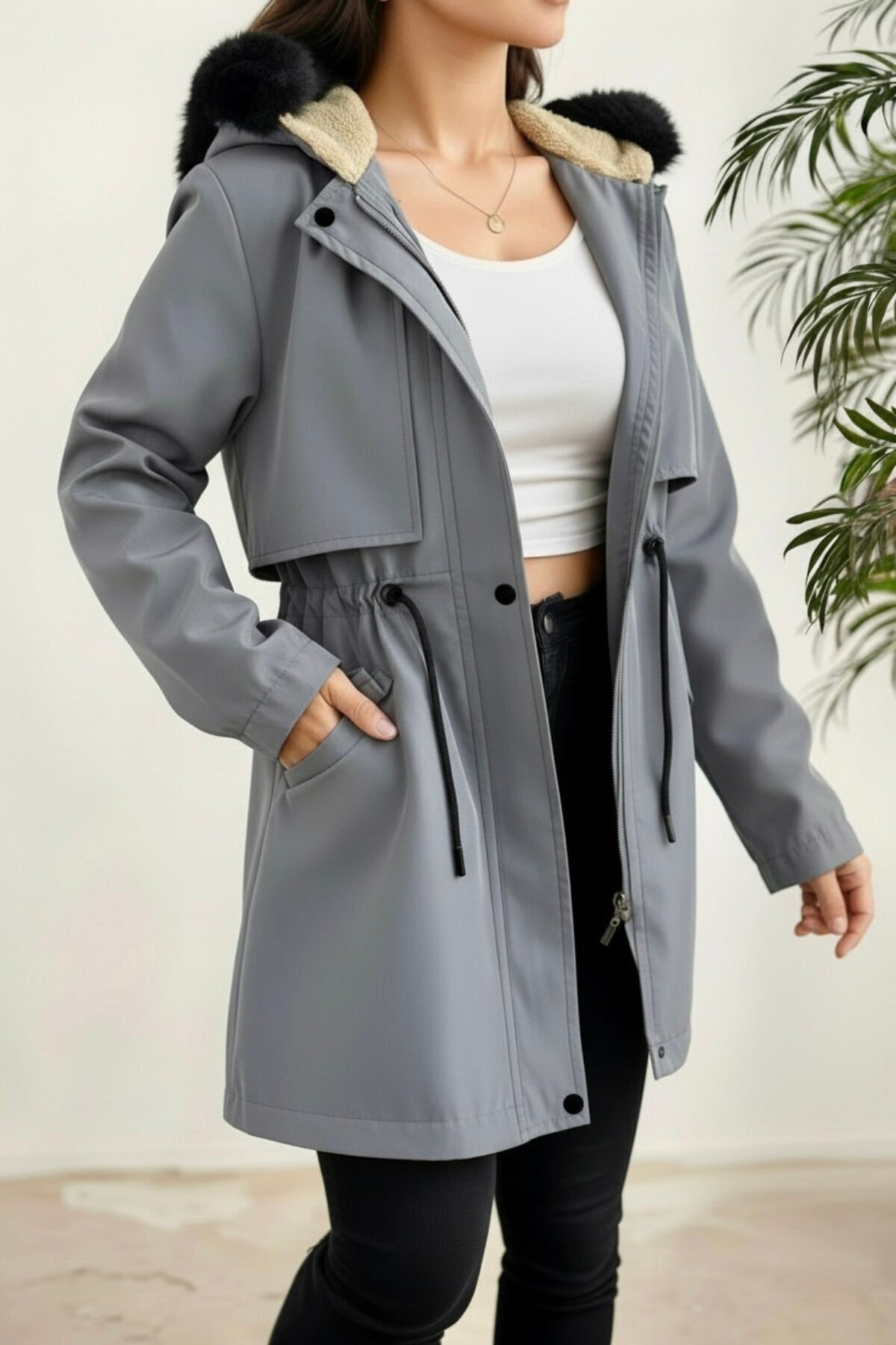 hiramir  Yeni Sezon Kapüşon Önü Uzun Tüylü İçi Kürk Astarlı Kadın Mont KS2533 - Görsel 3