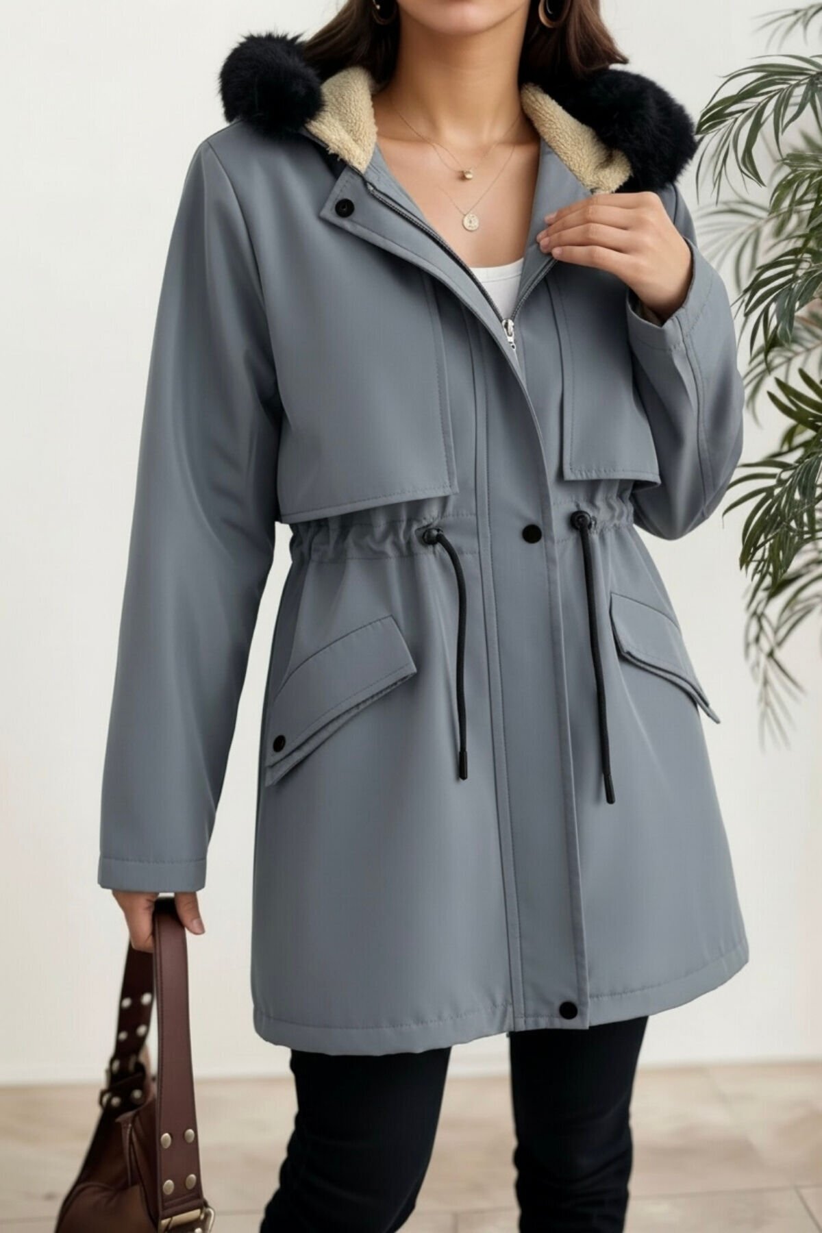 hiramir  Yeni Sezon Kapüşon Önü Uzun Tüylü İçi Kürk Astarlı Kadın Mont KS2533 - Görsel 4