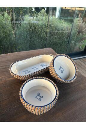 home inn Sunum Seti 3’lü Hasır Görünümlü – Mavi Kuş Desen – Dekoratif