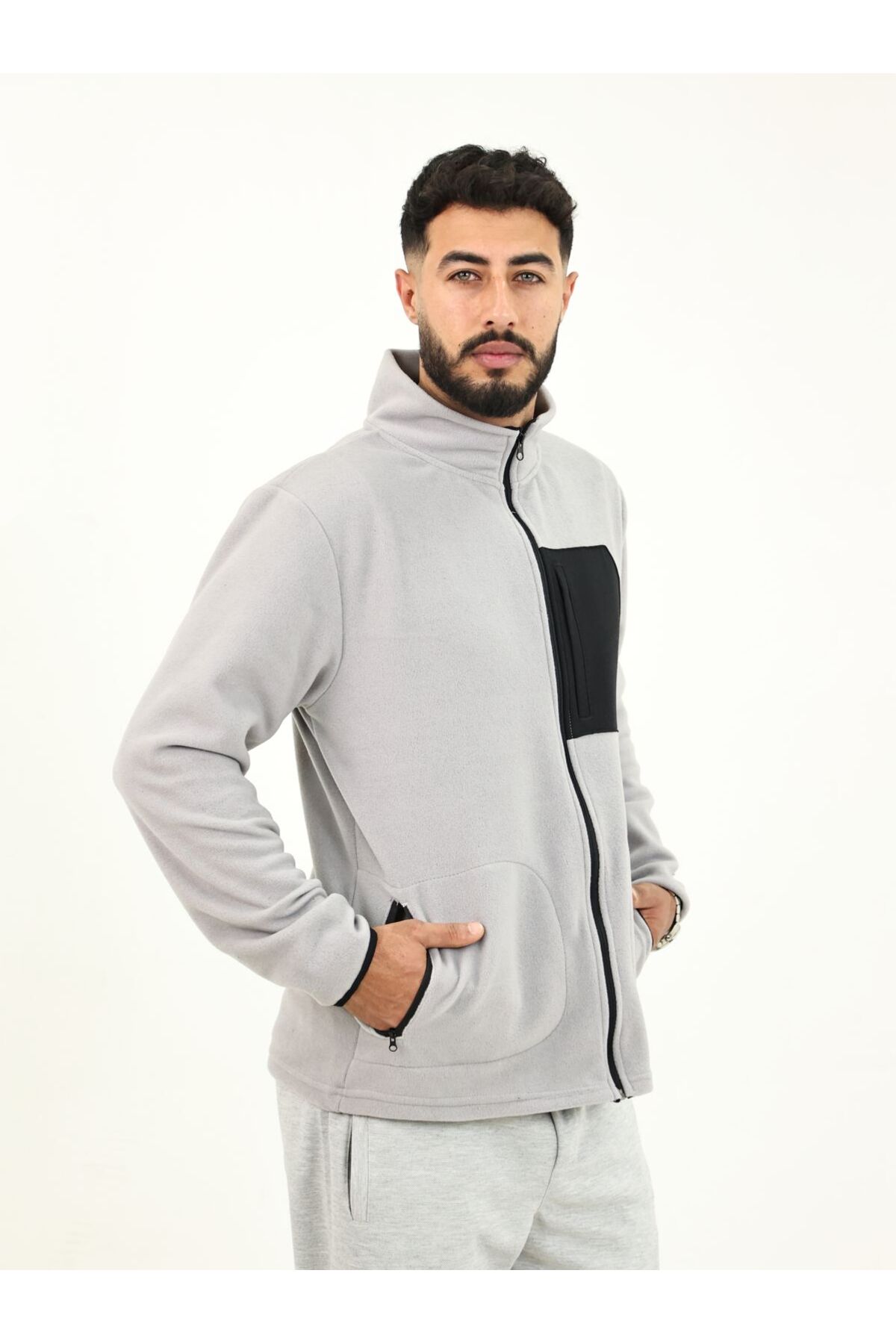 Erkek Basic Dik Yaka 3 Cepli Fermuarlı Yünlü Gri Polar Ceket — خاکستری E0500 — تصویر 6 از 6