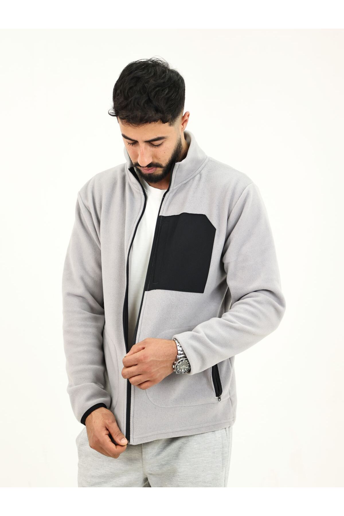 Erkek Basic Dik Yaka 3 Cepli Fermuarlı Yünlü Gri Polar Ceket — خاکستری E0500 — تصویر 5 از 6