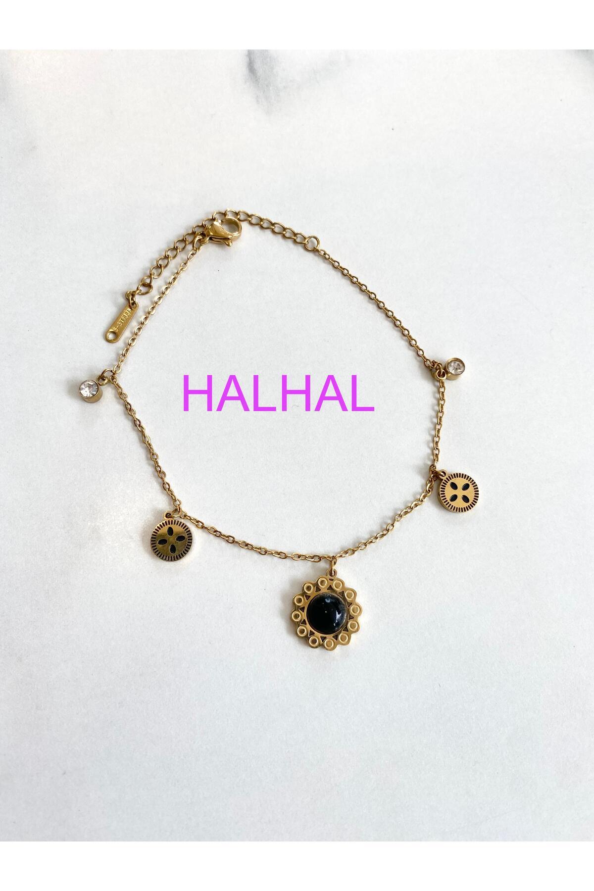 Lilyum Aksesuar Siyah Boncuklu Çiçek Figürlü Minik Taş Detaylı Altın Sarı Gold Renk ÇELİK Halhal