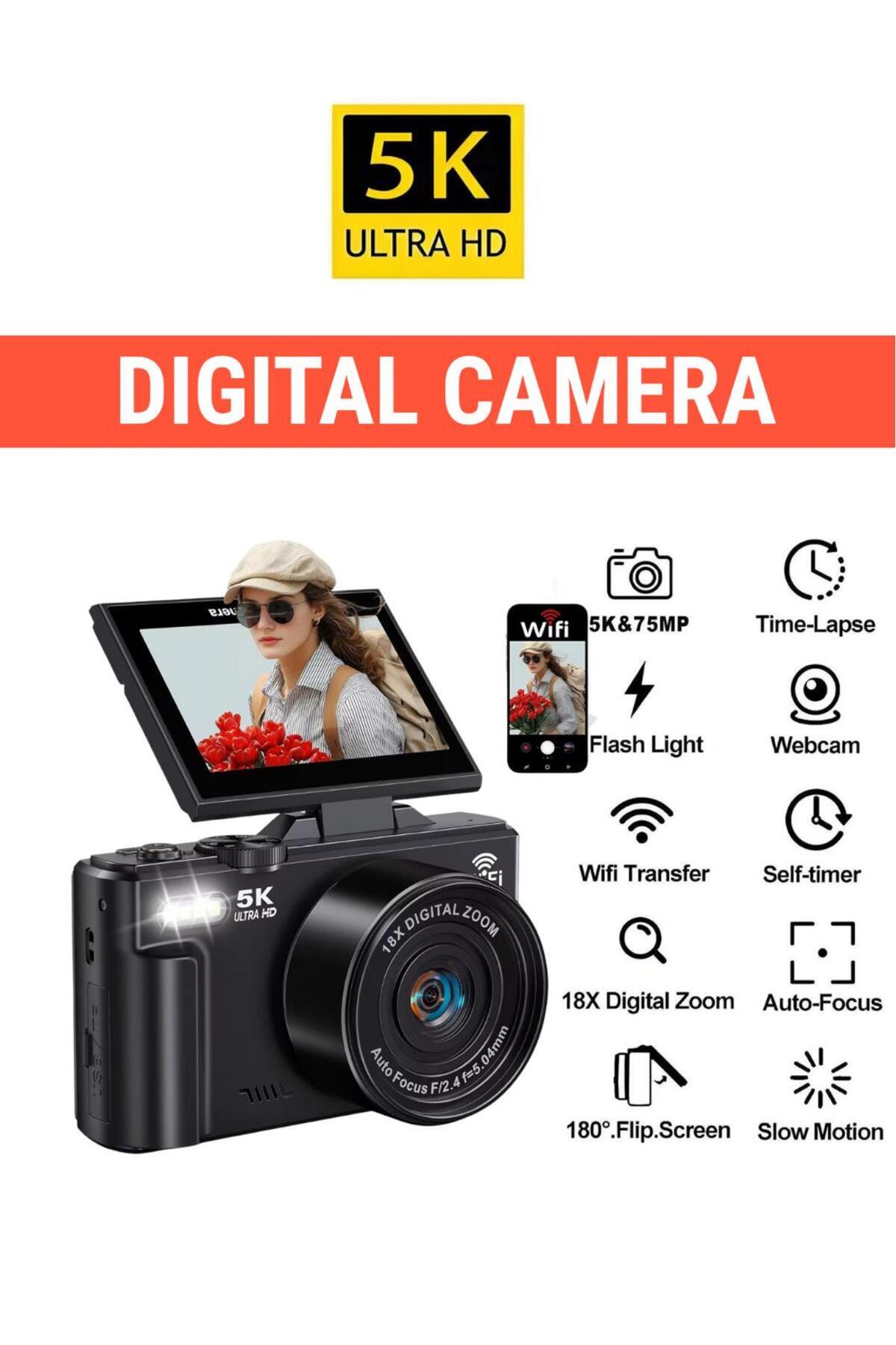 WUNİT 5K UHD 75 MP Dijital Kamera | 18X Zoom | Retro Tasarım | Seyahat & Vlog Fotoğrafçılığı | Ekranlı