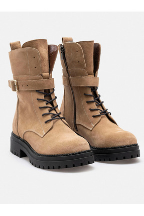 RUJO Bej Fermuarlı Bağcıklı Hakiki Süet Deri Kadın Bot