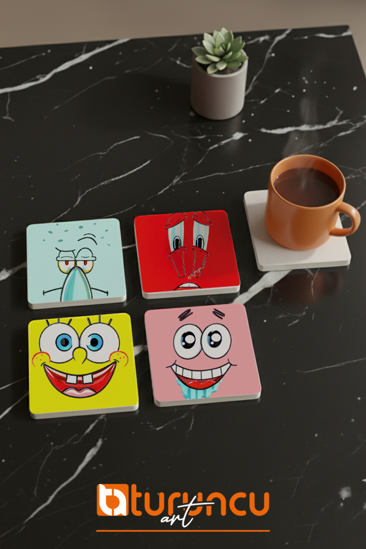 Sünger Bob Kare Pantolon Serisi Doğal Taş Bardak Altlığı Seti, Ev ve Ofis Kullanımı 10x10cm