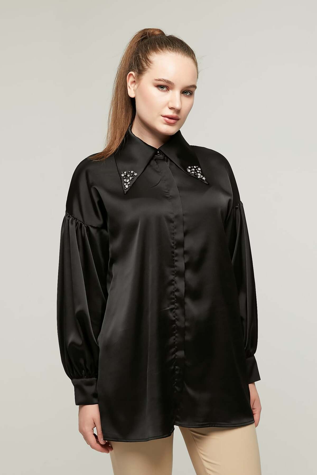 Milamia  Kadın Yakası Taşlı Saten Gömlek - Görsel 6