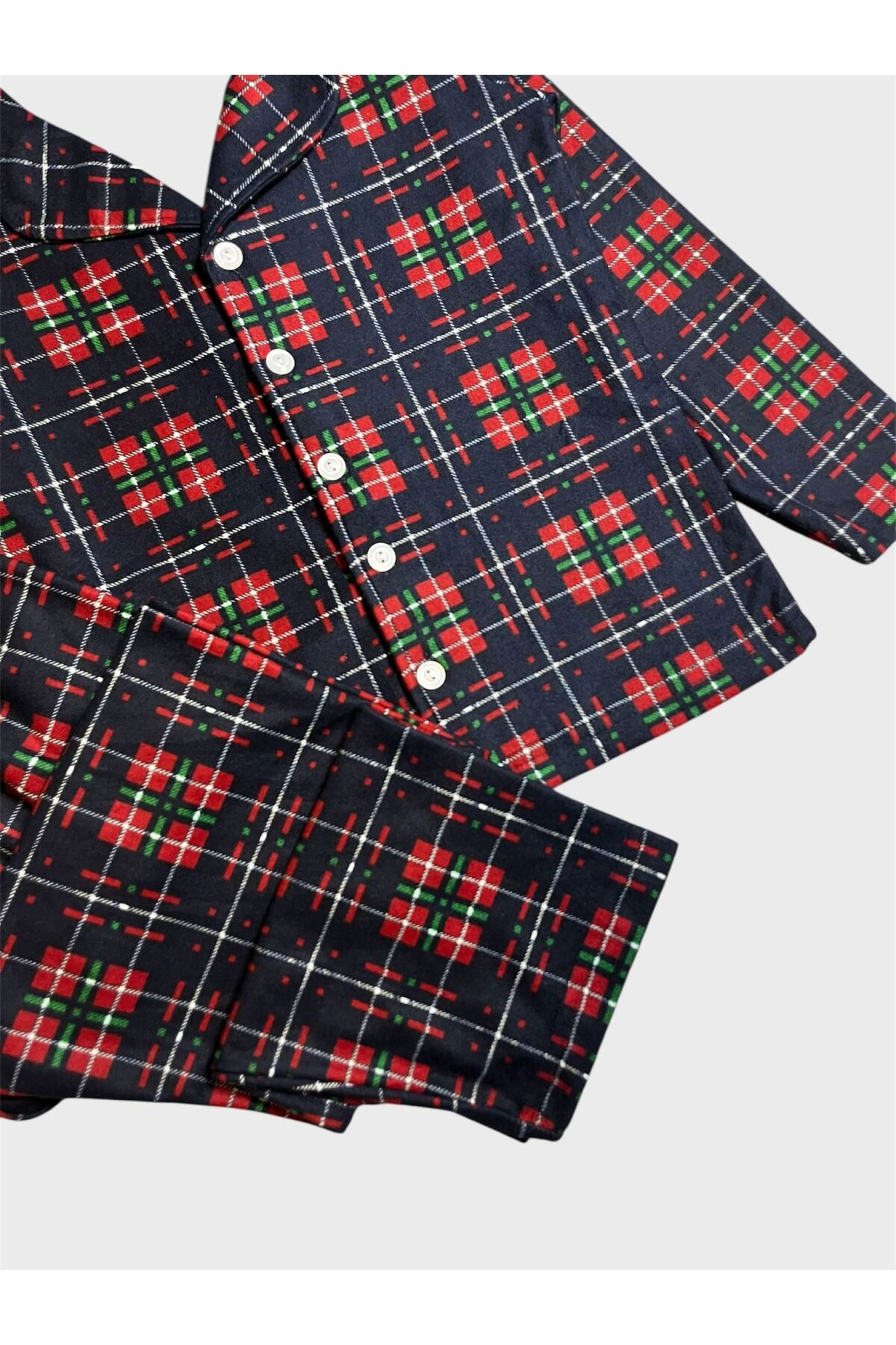 Genel Markalar Erkek Çocuk Pamuklu Süet Kumaş Lacivert Bordo Ekose Desenli Uzun Kollu Gömlek Yaka Pijama Takımı fotoğrafı 3 (önizleme)