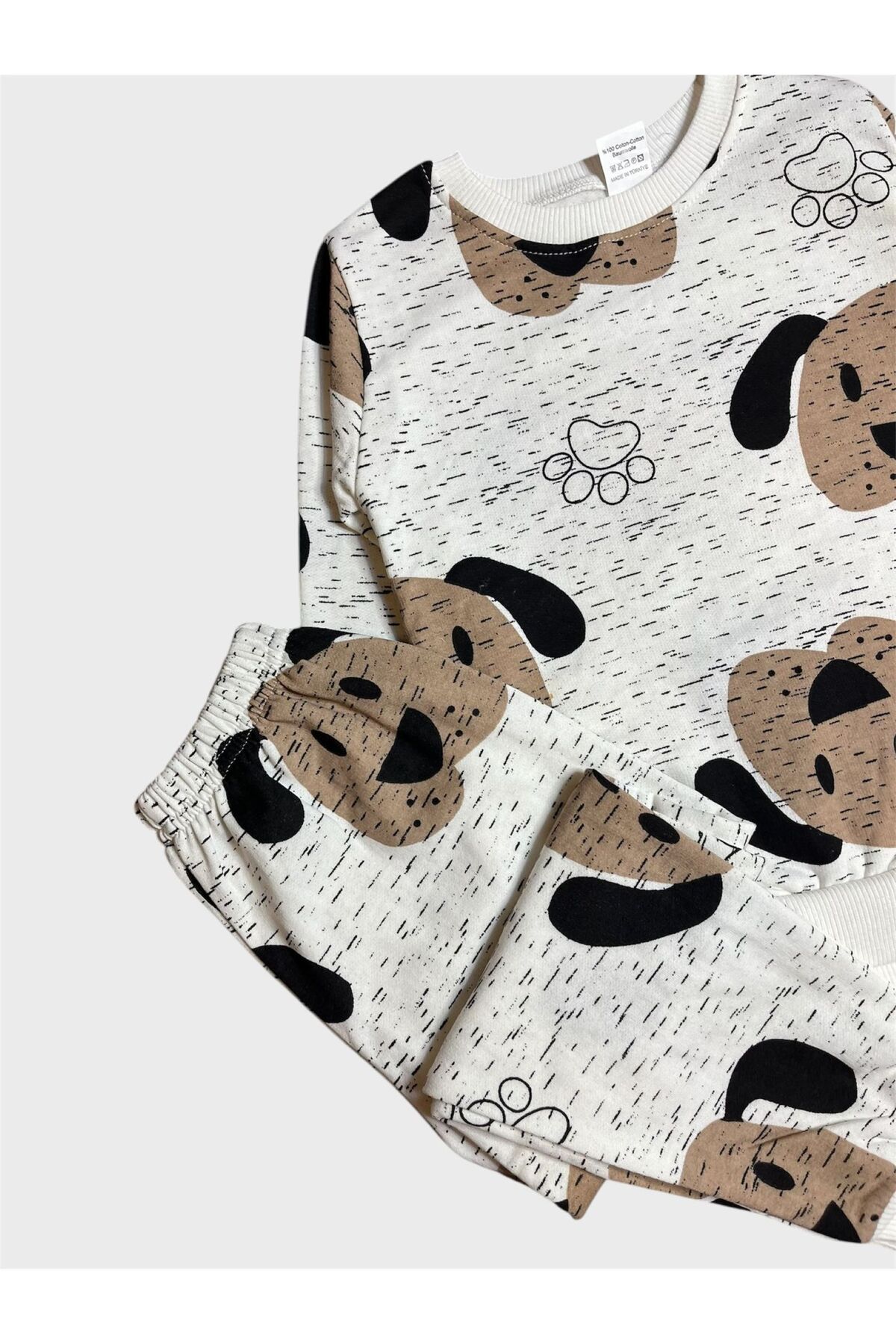 Genel Markalar Erkek Çocuk Pamuklu Şardonlu Beyaz Kahve Sevimli Köpek Desenli Uzun Kollu Pijama Takımı fotoğrafı 3 (önizleme)