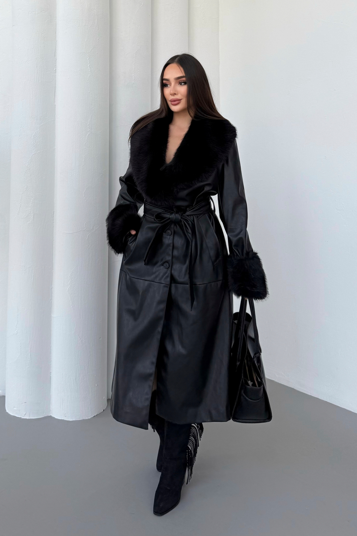 BLACKPERA  Premium Kürk Yaka Kürk Bilek Detay Cepli Astarlı Kemerli İthal Deri Trenç Kaban Mont - Görsel 5