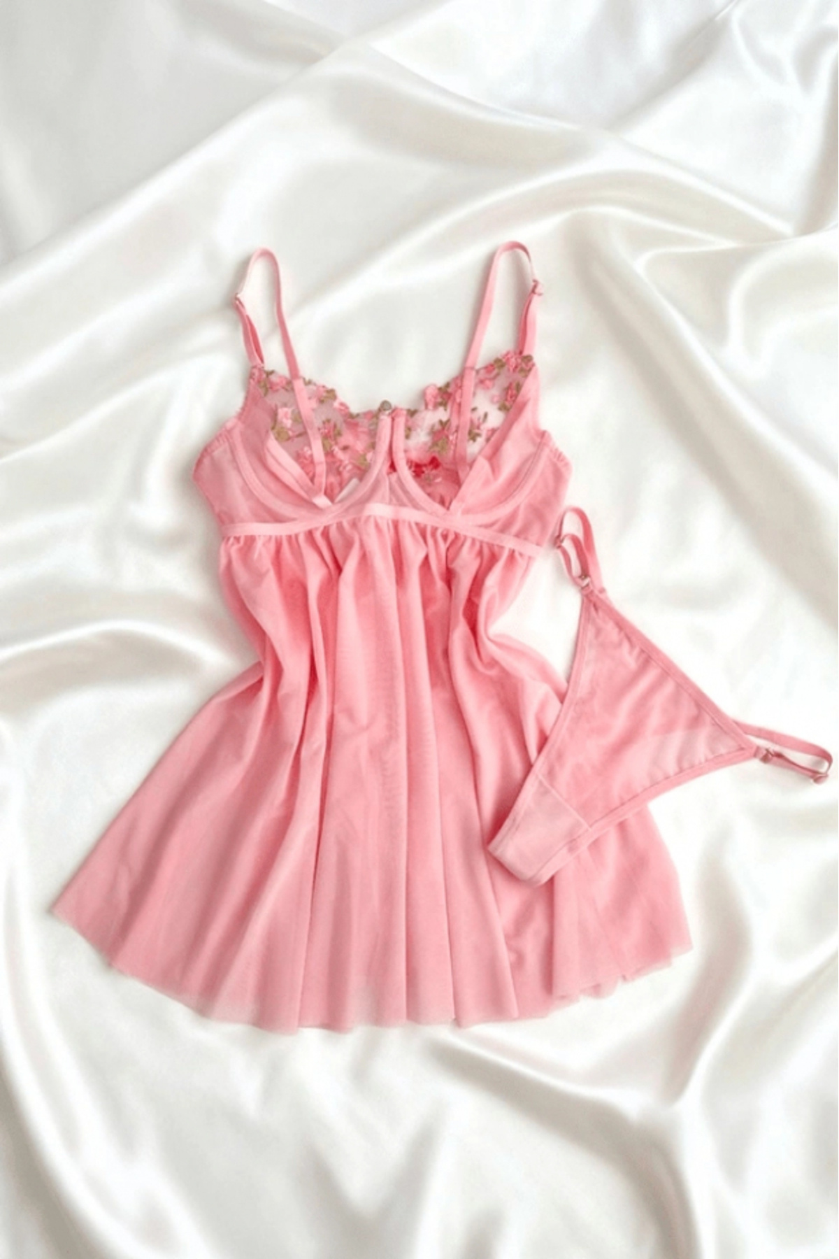 Gece İncisi Balenli Çiçekli Brode Babydoll Takım