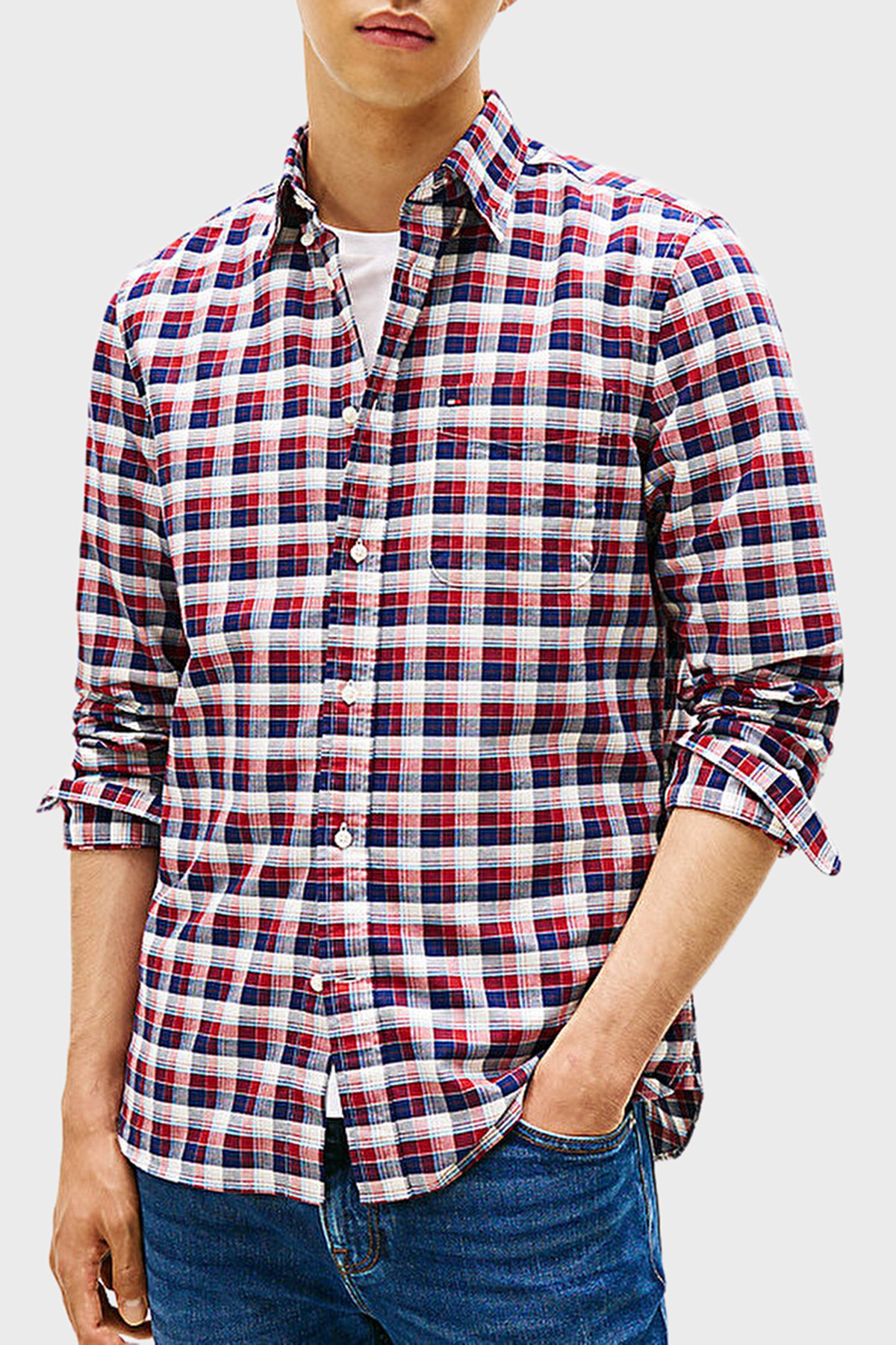 تامی هیلفیگر پیراهن مردانه طرح چهارخانه آستین بلند نخی معمولی MW0MW40465 0QJ