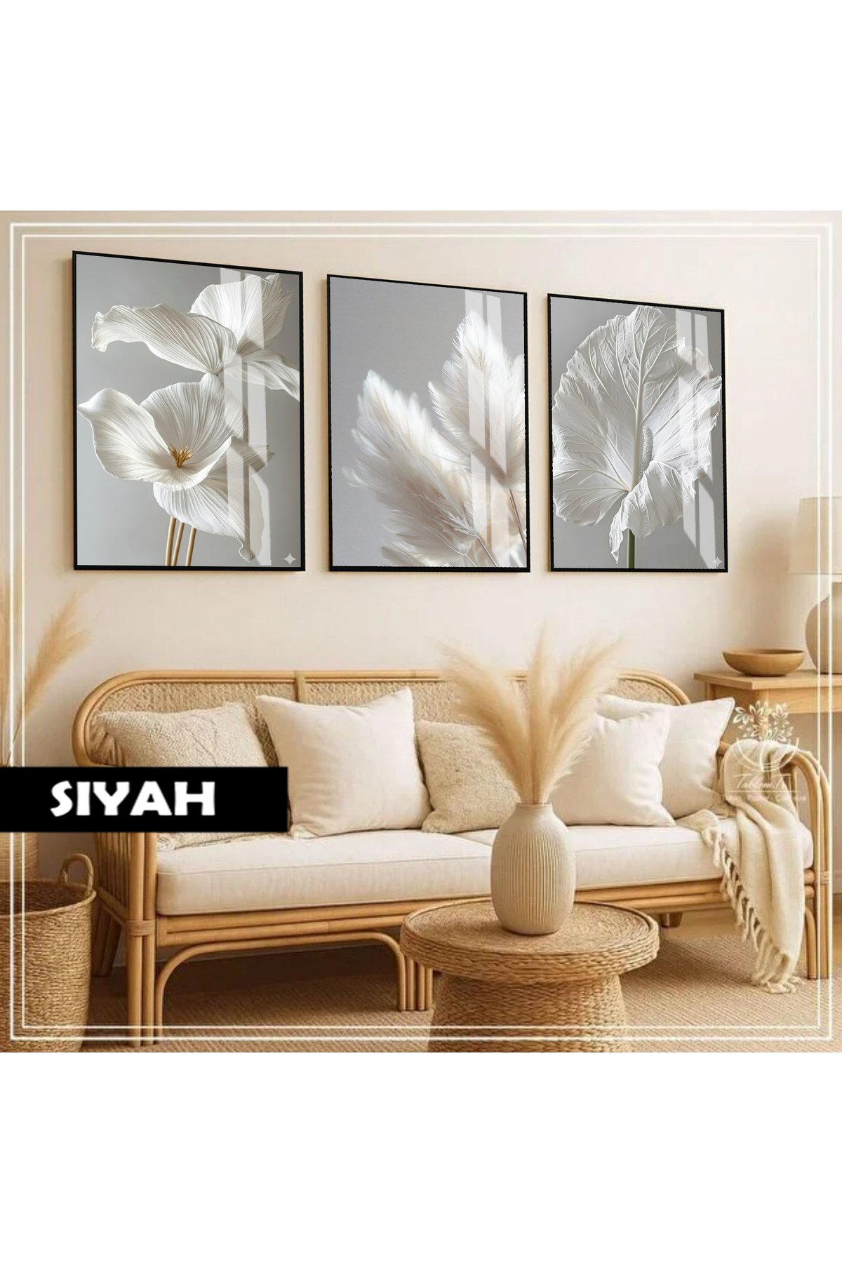 HARIKABIREV|soft|WHITE FLOWER PETAL MİNİMAL COMBINATION|FRAMED GLASS TABLE 3-PIECE VERTICAL
