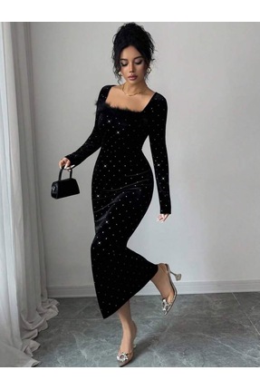 MAYHOŞ BUTİK Kadın kadife taş elbise