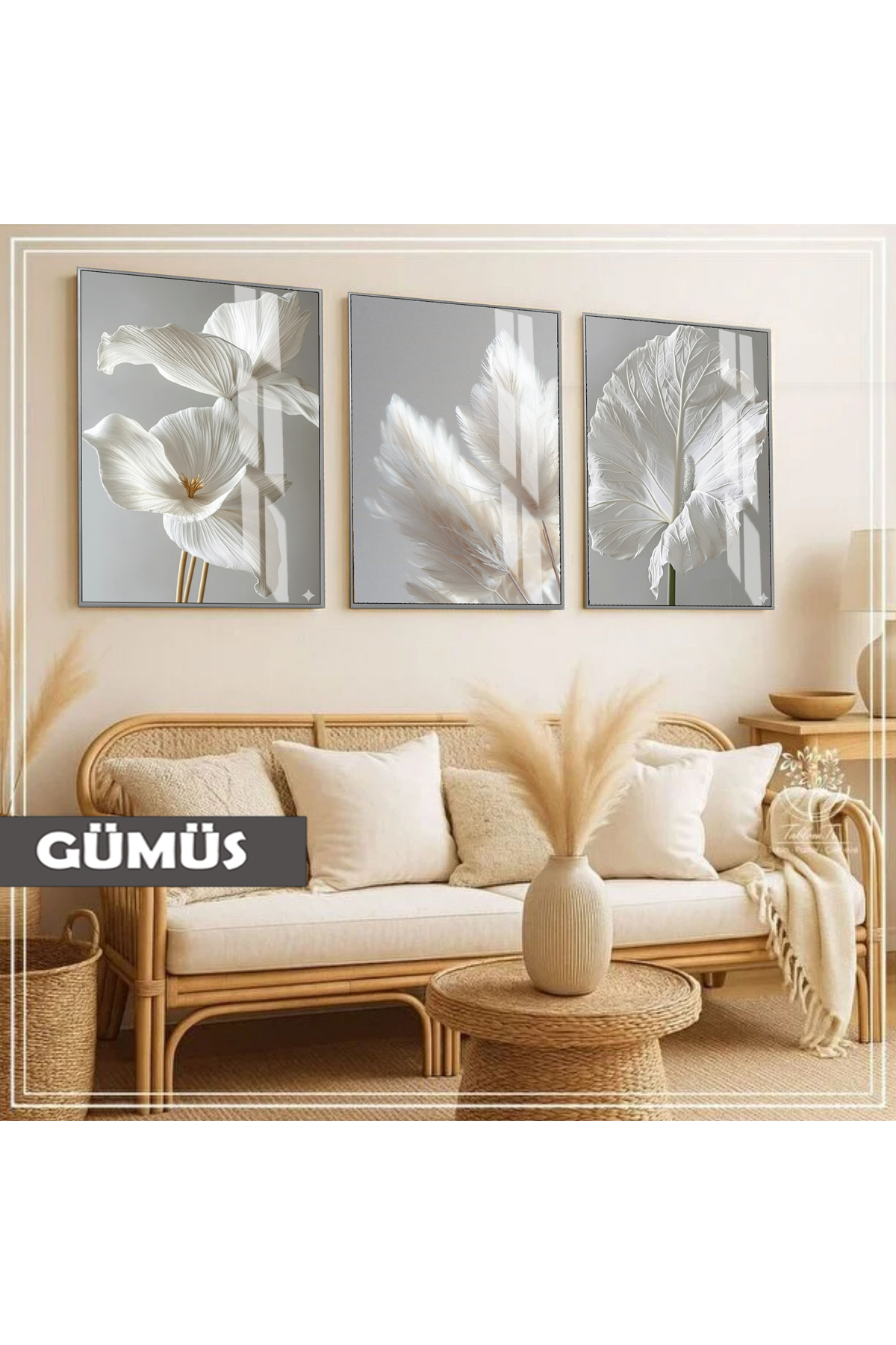 HARIKABIREV|soft|WHITE FLOWER PETAL MİNİMAL COMBINATION|FRAMED GLASS TABLE 3-PIECE VERTICAL
