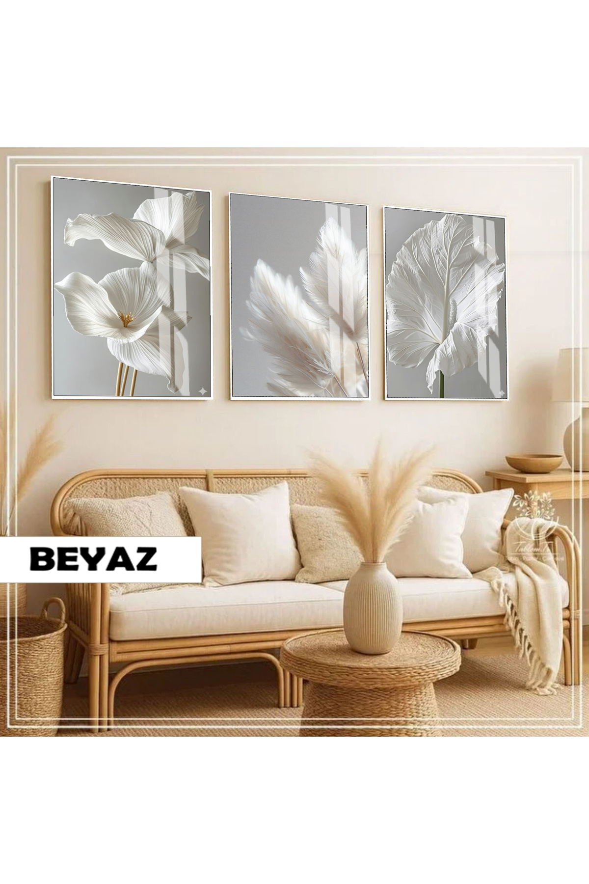 HARIKABIREV|soft|WHITE FLOWER PETAL MİNİMAL COMBINATION|FRAMED GLASS TABLE 3-PIECE VERTICAL