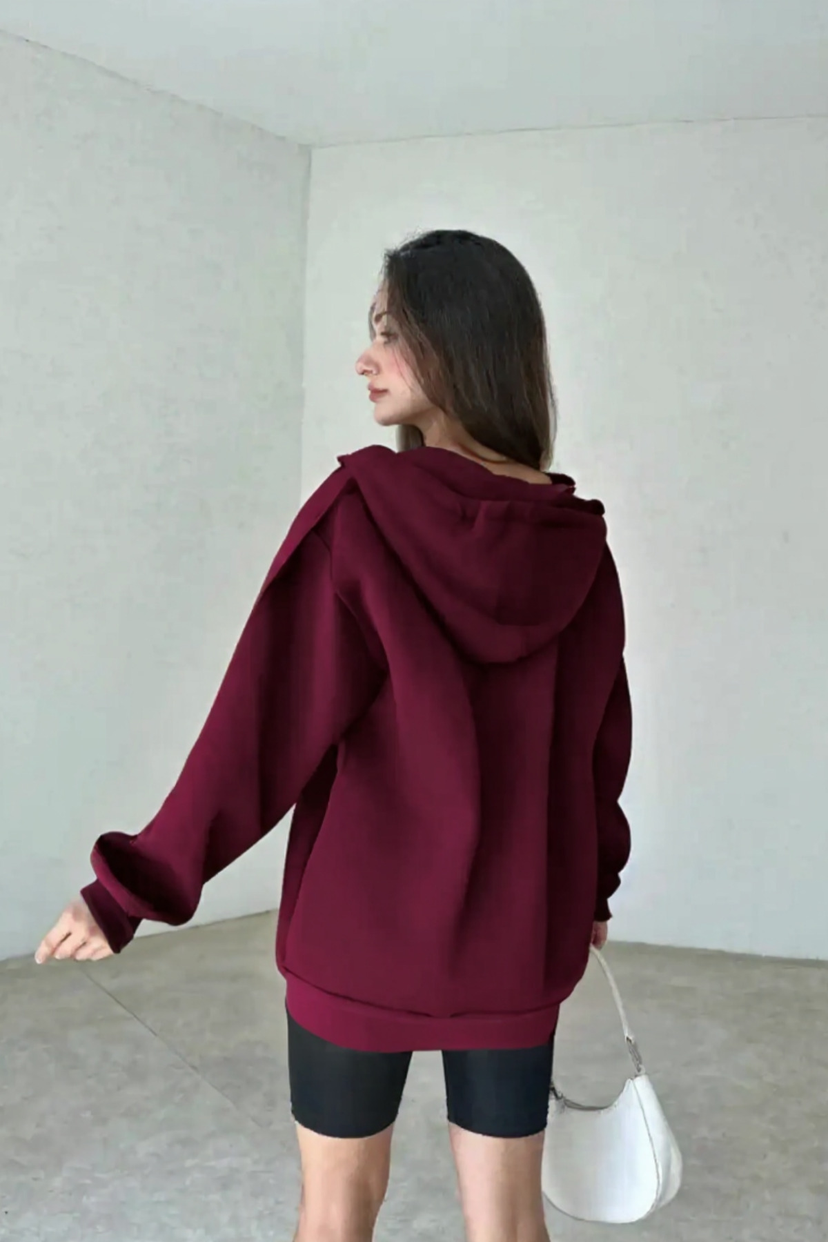 YAKAMEL Kadın 3 İplik Oversize Kapüşonlu Fermuarlı Hırka Sweatshirt görsel 3