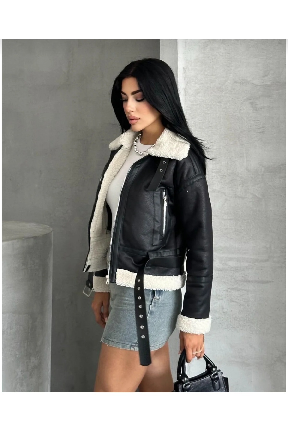 cottonage Γυναικείο δερμάτινο παλτό με ζώνη και επένδυση από γούνα