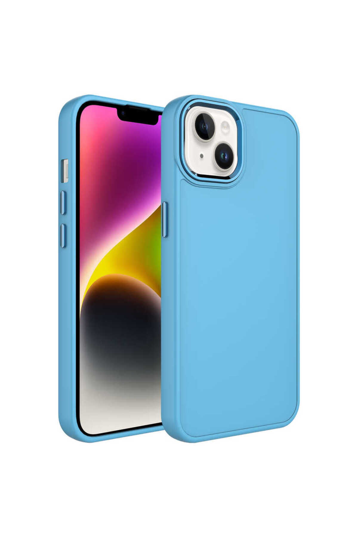 iPhone 14 Uyumlu Metal Çerçeve ve Buton Tasarımlı Silikon SENK Luna Kılıf-Sierra Mavi