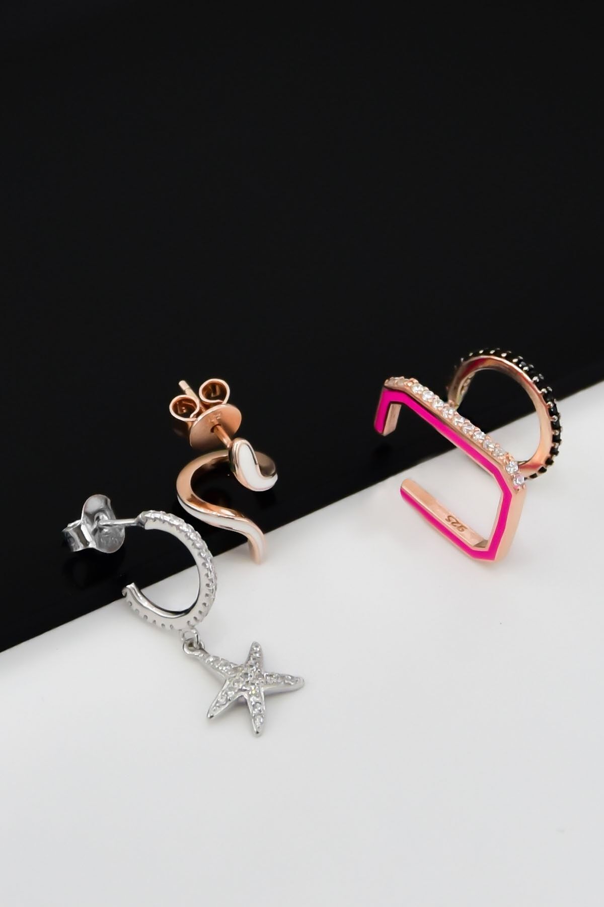 Flamingo 925 Ayar Gümüş Zirkon Taşlı Mineli Çoklu Fantezi Küpe