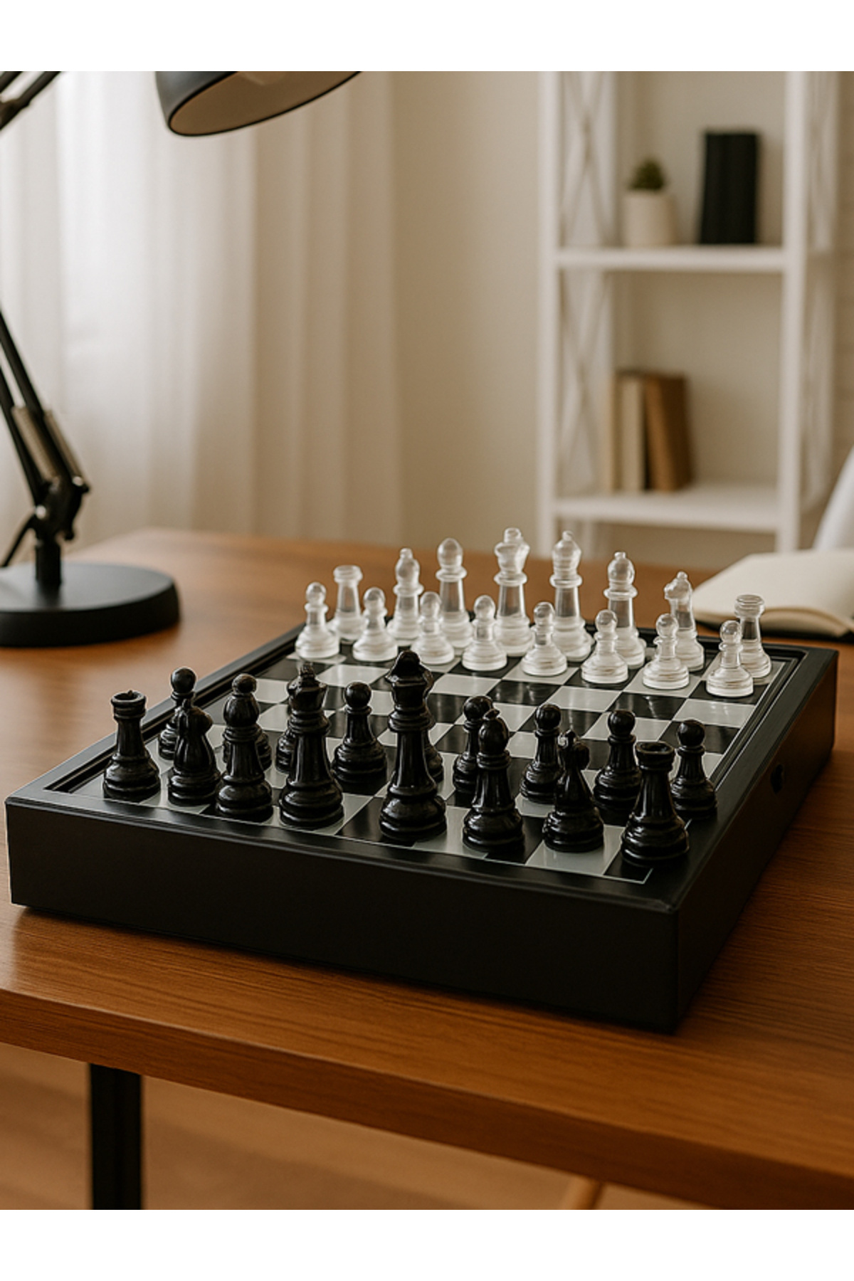 moryconcept Kutulu Cam Satranç Seti 36x36 cm – Şık Tasarımlı Cam Taşlı Satranç Takımı