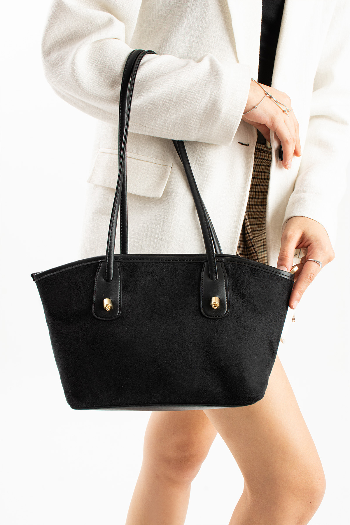 torime Suede Touch Premium Vegan Süet Siyah Kadın Omuz & Kol Çantası