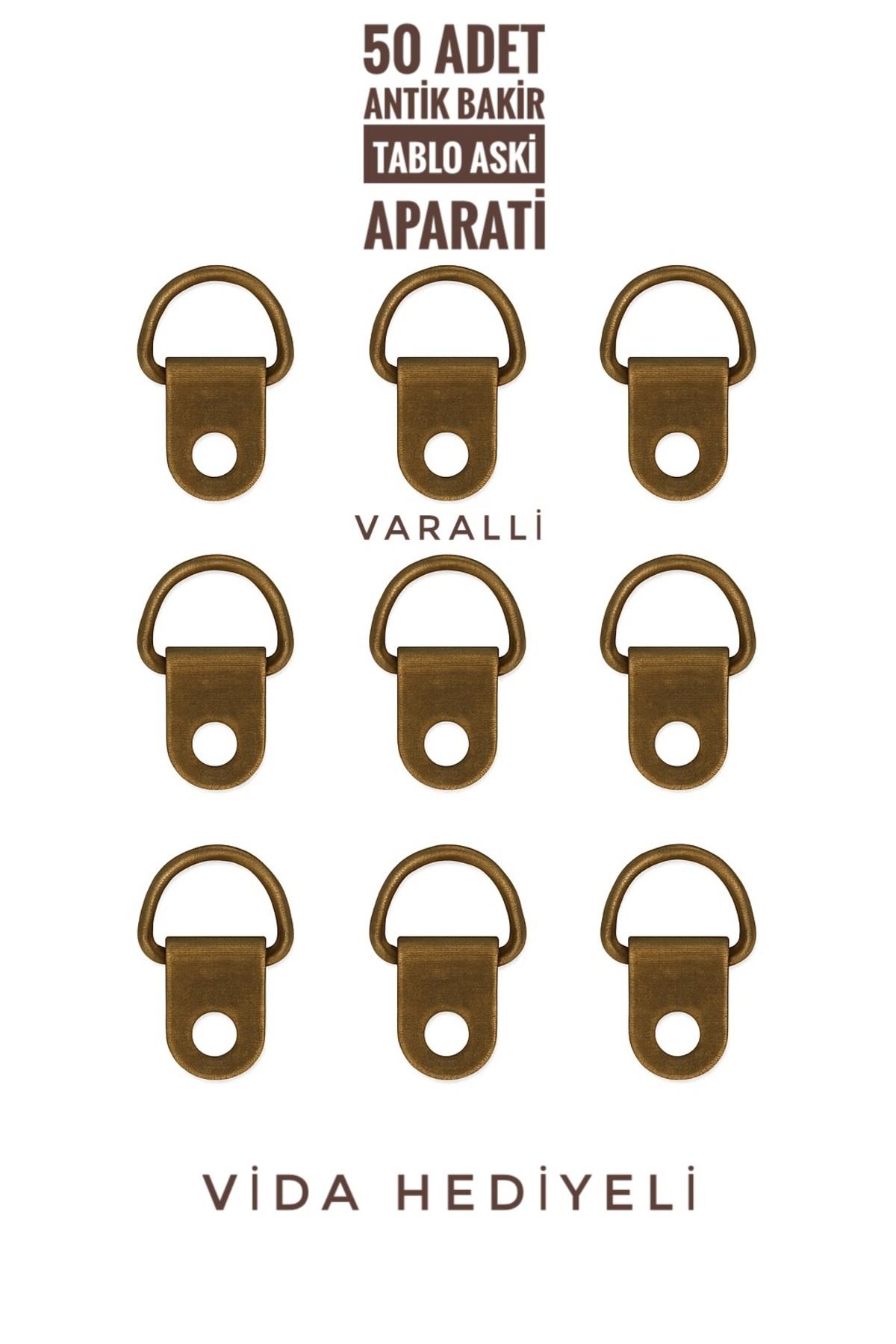 Varalli Antik Altın Renk 50’lİ Çerçeve Askı Aparatı – Telli Metal Vida Hediyeli 20x12mm Askı Seti