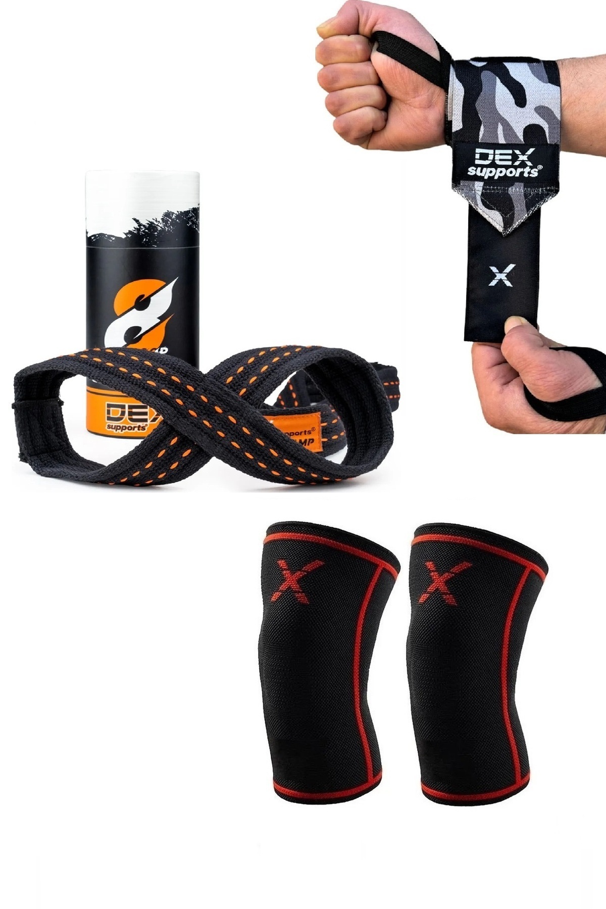 Dex Supports Spor Dizlik Knee Sleeve , Spor Bileklik Dark Wrist Wraps , 8 Loop Lifting Straps 3'lü Set